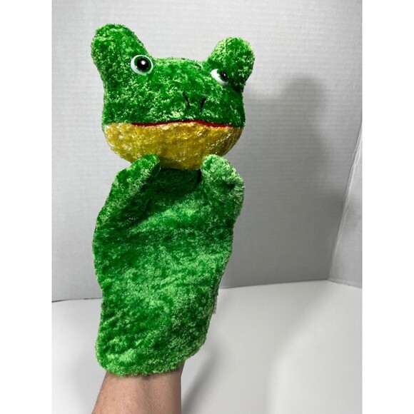 Dollar Tree Frog Hand 5 Vintage Puppet Green Plush Story Time Black dots on back - Picture 4 of 5